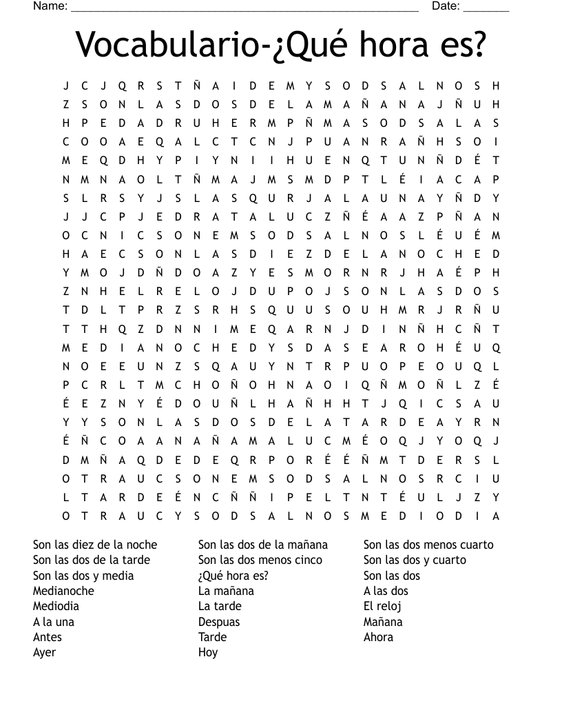 Vocabulario Qu Hora Es Word Search WordMint