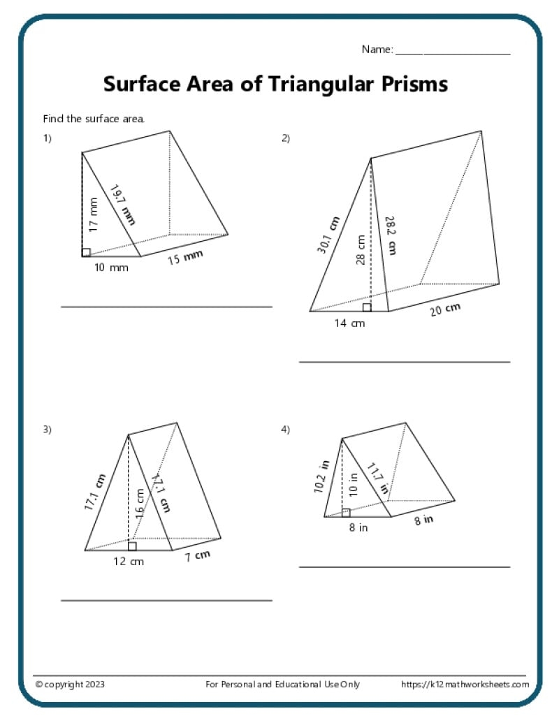 Volume And Surface Area Of Triangular Prisms K12 Math Worksheets Volume And Surface Area Of Triangular Prisms K12 Math Worksheets
