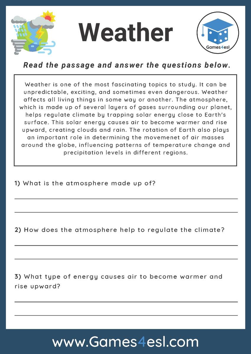 Weather Reading Comprehension Worksheet Games4esl Weather Worksheet For Kids Worksheets Worksheets