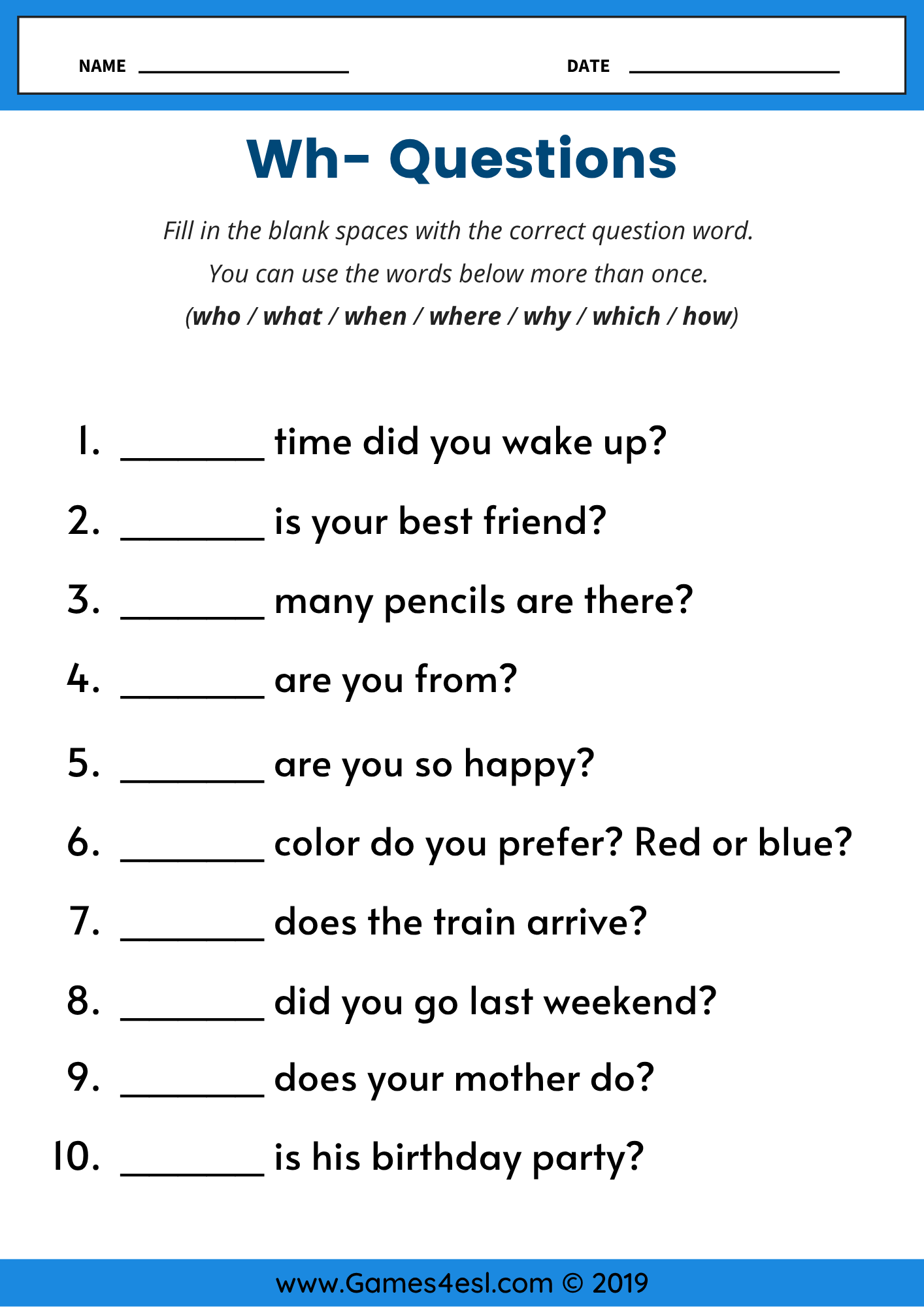Wh Questions Worksheets Practice Who What When Where Why Which And How Games4esl Question Words Worksheet For Grade 1 Or 2 Wh Questions Exercises For Kids Made By Teachers