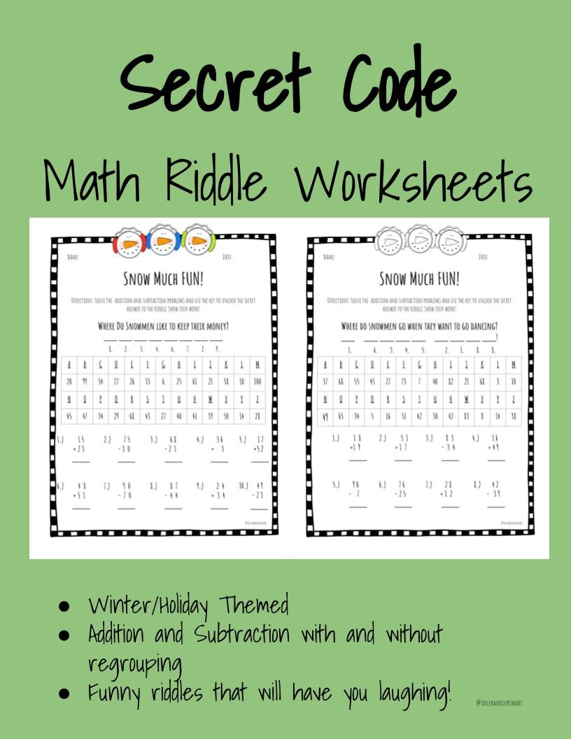 Winter Math Secret Code Riddle Worksheets 2 Digit Addition Subtraction Made By Teachers