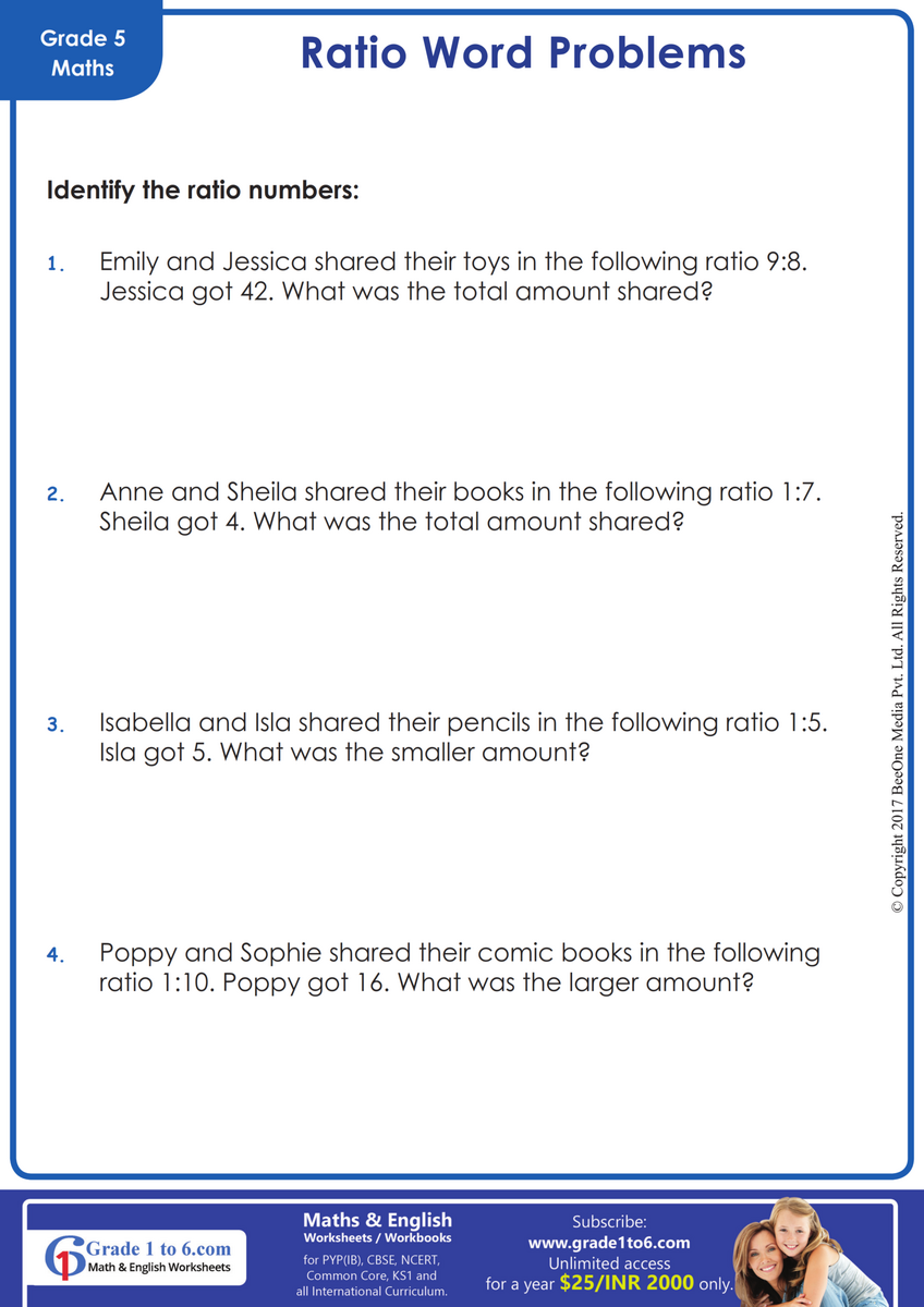 Word Problems In Ratio Grade1to6