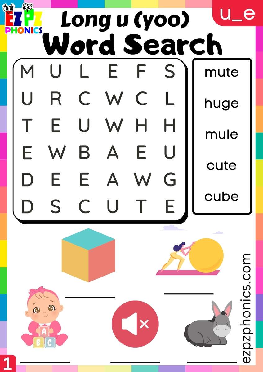 Word Search For U E Words Long U Yoo Sound Ezpzphonics Free Printable Long U Worksheets For Teaching Learning Worksheets Library