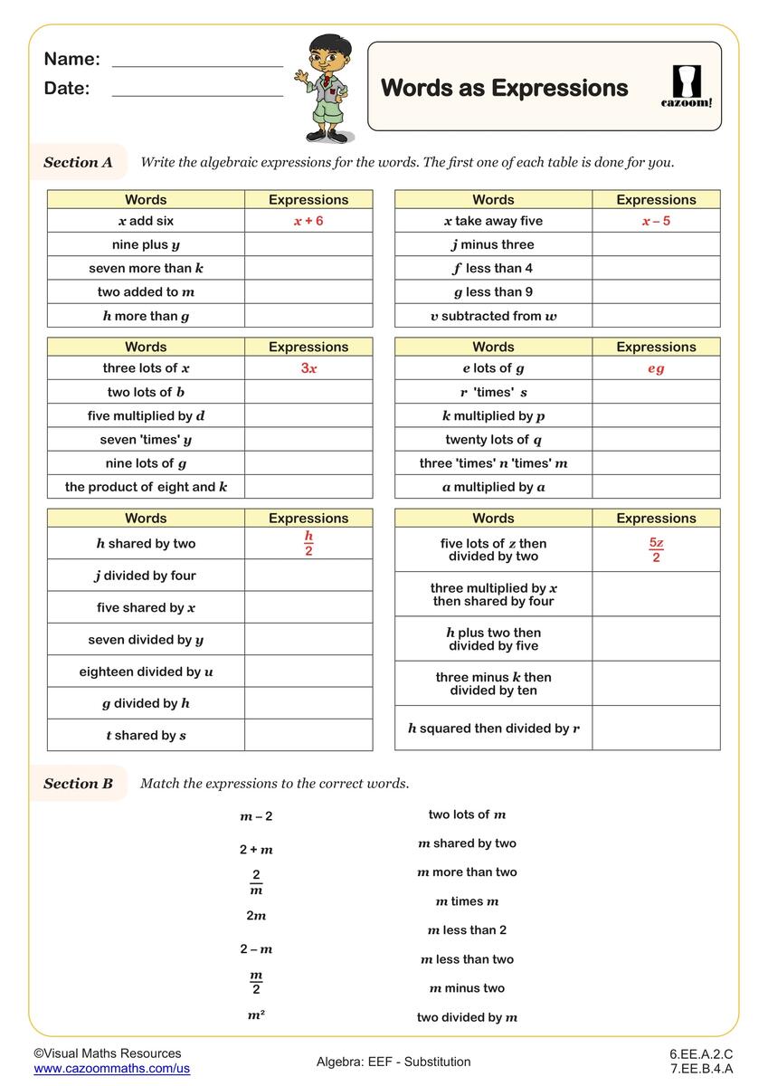 Words As Expressions Worksheet Fun And Engaging 6th Grade And 7th Grade Algebra EEF Worksheet Cazoom Math 6 EE A 2 C Worksheets Printable 6th Grade Math Worksheets Cazoom Math