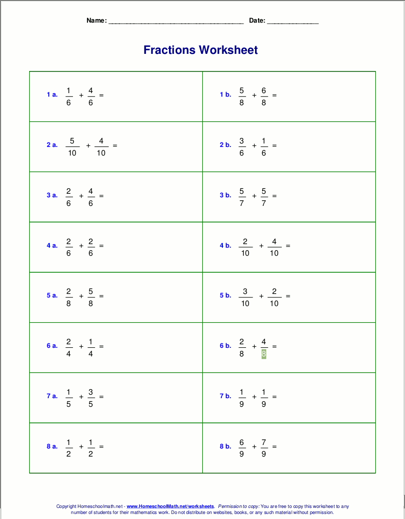 Worksheets For Fraction Addition