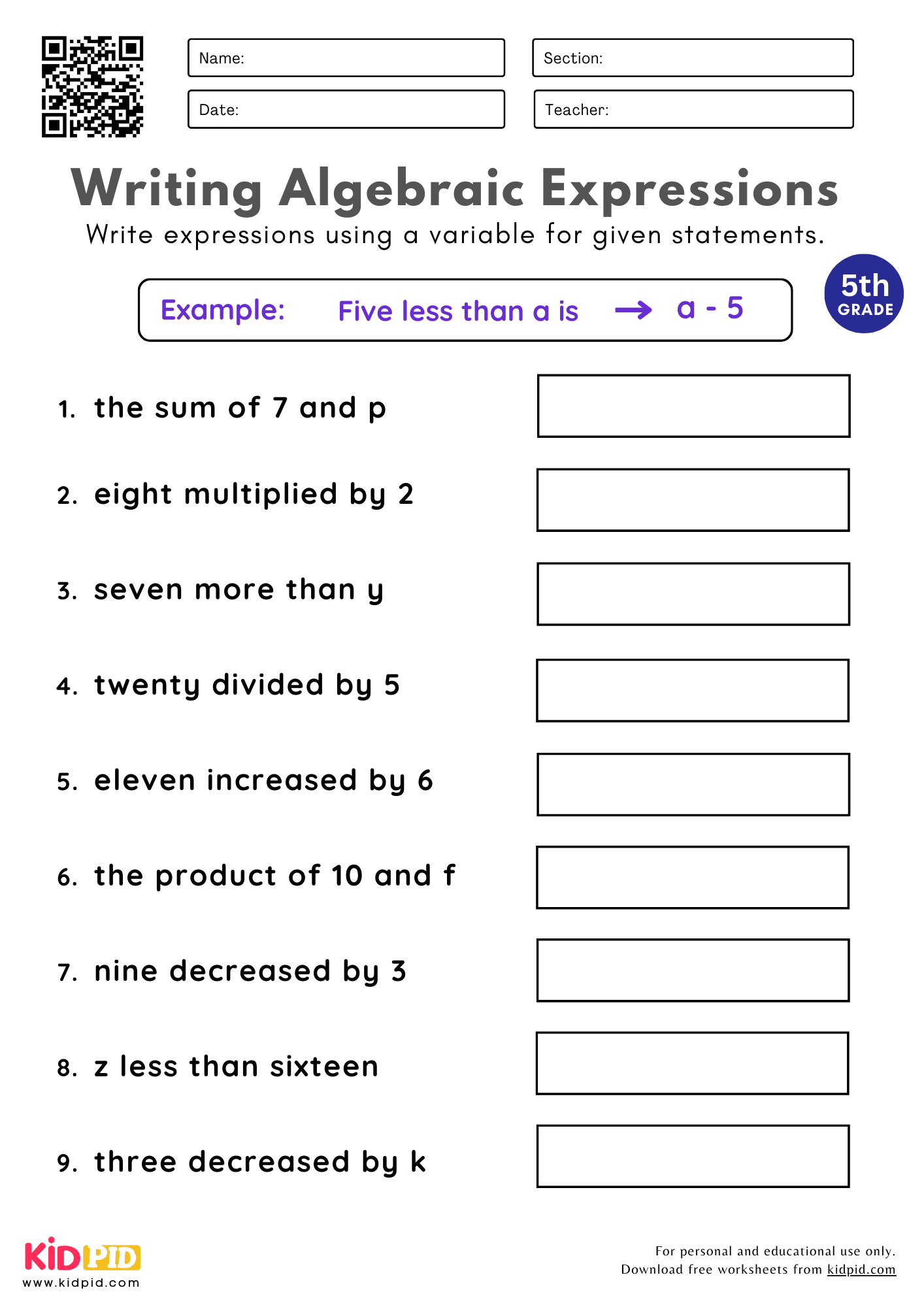 Writing Algebraic Expressions Worksheet For Grade 5 Kidpid Basic Algebra Worksheets