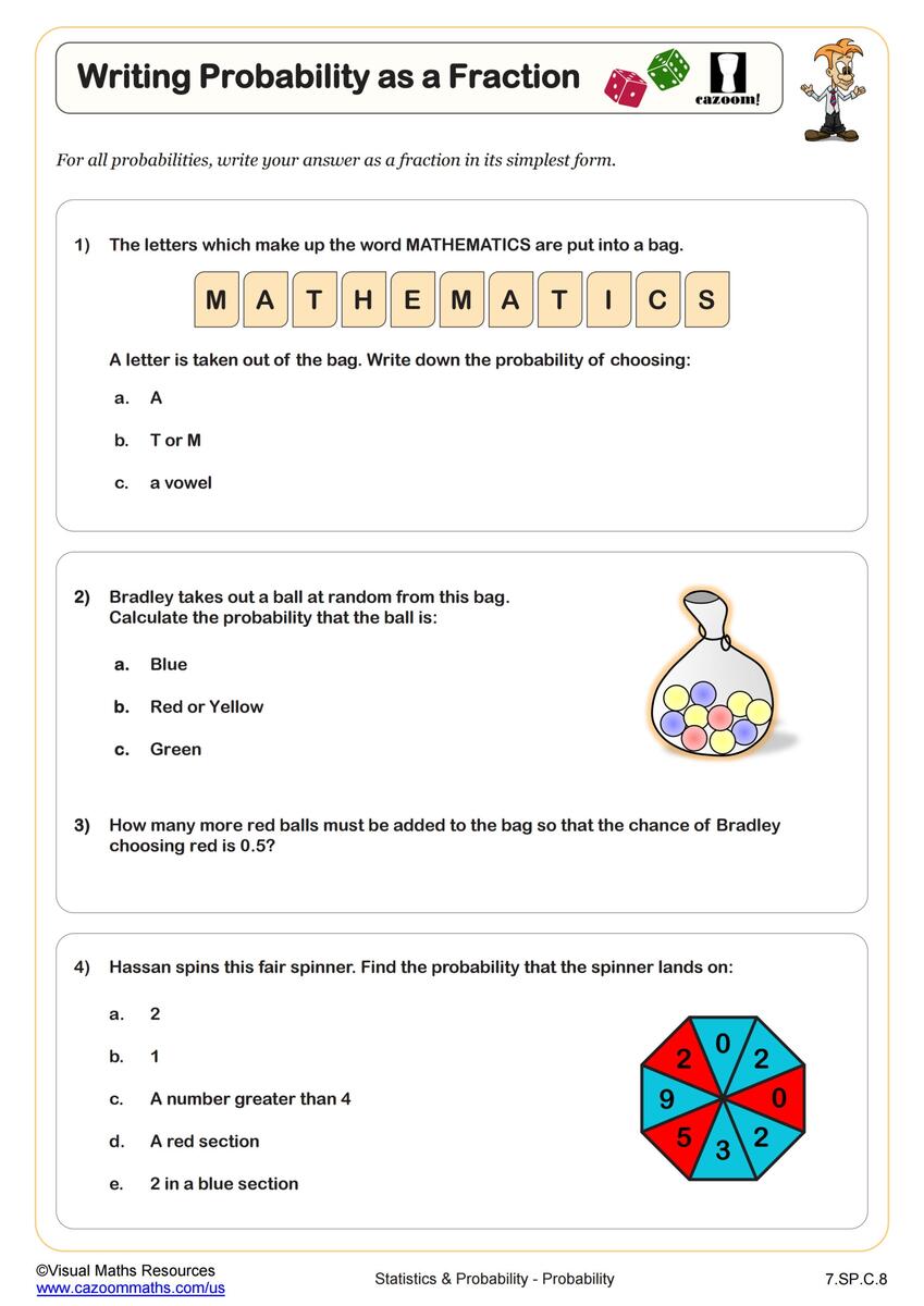 Writing Probability As A Fraction Worksheet PDF Printable Statistics Probability Worksheet Cazoom Math Free Printable Simple Probability Worksheet