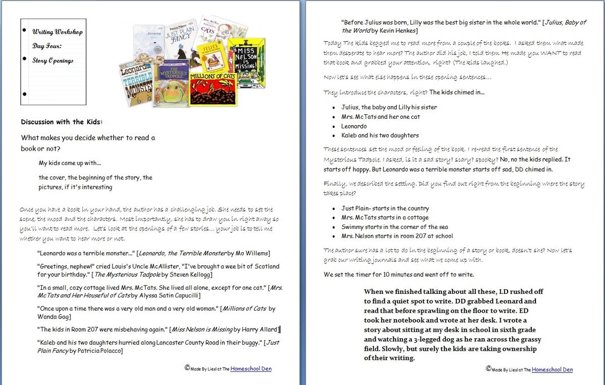 Writing Workshop Mini Lessons Day 4 Story Openings Homeschool Den